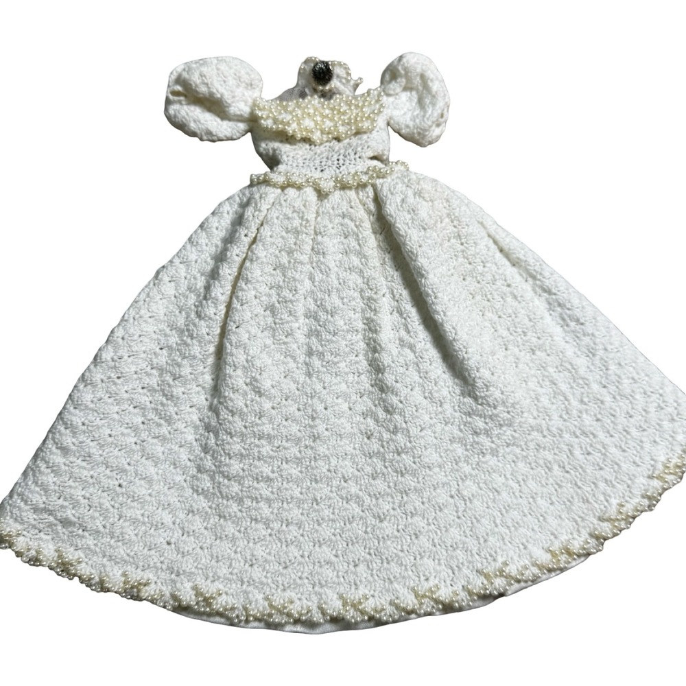 Handmade Crochet‎ Doll Gown Barbie 11.5in White Beaded Victorian Ballgown Lined